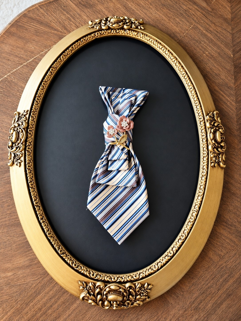 Striped Blue Women's Silk Tie Necklace with Vintage Pink Flower Brooch